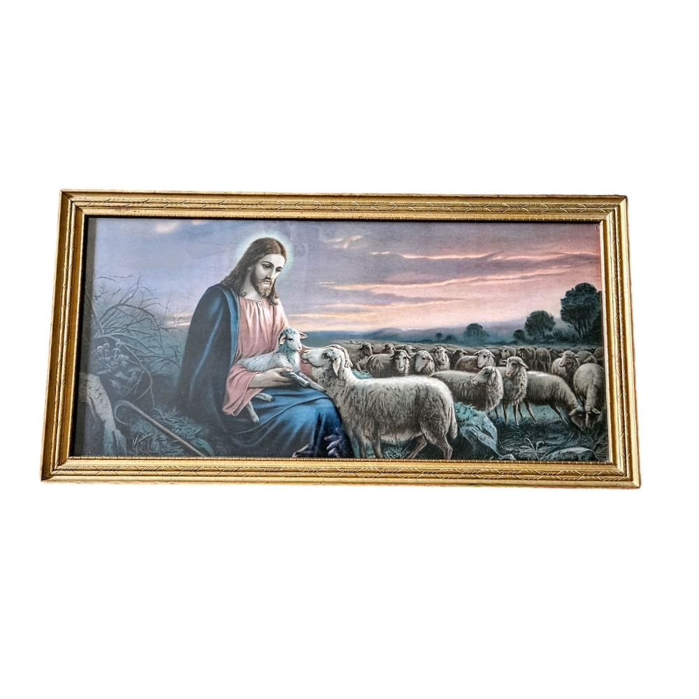 Vintage Religious Giovanni Jesus "The Good Shepard" Framed Glass Print 33x16.5